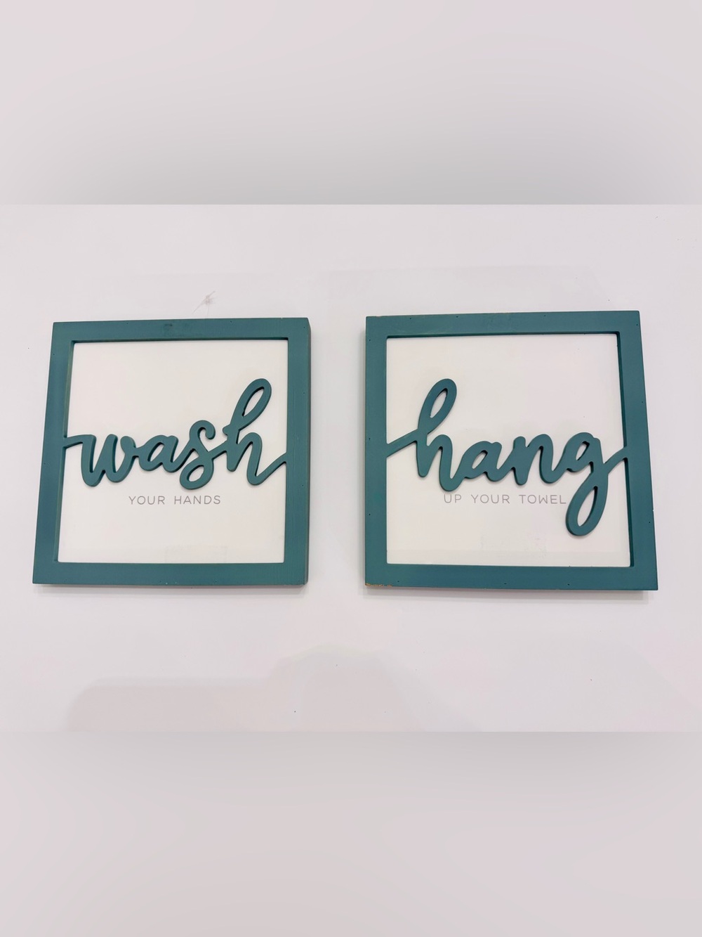 Farmhouse Teal Wooden Bathroom Sign Set - Wash hands & Hang towels 2 Piece Decor